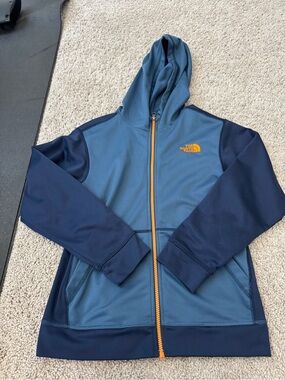 The North Face Boys Blue Hooded Jacket with Orange Logo & Zipper